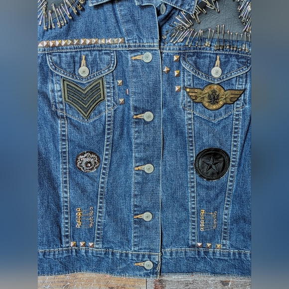 Upcycled Handcrafted Ton Of Detailed Bling Jean Jacket With Black Skull - Picture 7 of 16